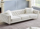Beige, Three-seater Sofa, Velvet Crystal Buckle Upholstery Sofa, Crystal Feet, Removable Cushion, 09555906