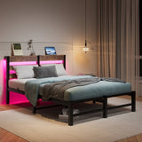 Full Size Metal Bed Frame with Wooden Headboard, RGB Lights, Charger, Storage Shelf, Noise-Free, No W840P209896