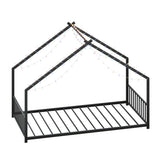 Twin size children's bed frame with LED light strips, roof-shaped iron frame bed, black,78.5" L x W1820P308329