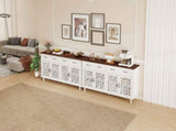 Vintage Sideboard Buffet Cabinet with Hand-Carved Geometric Doors, Distressed Light Wood Finish with W688P360028