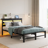Full Size Metal Bed Frame with Wooden Headboard, RGB Lights, Outlets & Charger, Storage Shelf, W840P209906