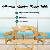 ZNTS Outdoor 6 Person Picnic Table, 6 person Round Picnic Table with 3 Built-in Benches, Umbrella Hole, W2275P149762