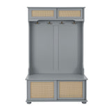 Casual Style Hall Tree Entryway Bench with Rattan Door Shelves and Shoe Cabinets, SOLID WOOD Feet, W1758126925