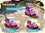 Pink 3 in 1 Kids Push & Sliding Car with Removable Handle, Music, Horn, Canopy & Safety Guardrail 90184527