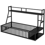 Twin Size Floor Bed Frame with Safety Fence, Metal Floor Bed with Desk and Storage Shelves, W1580P240068