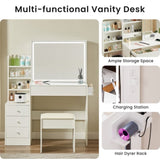 Vanity table with LED-lit mirror with power outlet and hairdryer shelving, with 4 drawers and W1668P197385
