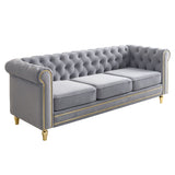 Chesterfield Velvet Sofa 84.65 inch for Living Room Light Grey Color W579P326878