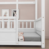 ZNTS Twin Size Floor Wooden Bed with House Roof Frame, Fence Guardrails,White 80284978