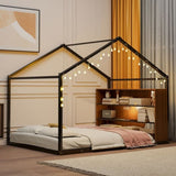 Full Size Metal Bed House Bed Frame with Shelves and Lights, Black N737P176706B
