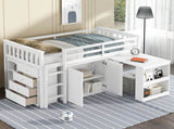 Twin Loft with Storage Cabinet, Drawer and Shelf Cabinet and Pulling-Out Desk, Rubber Wood Loft 20122803