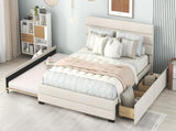 Queen Upholstered Platform Bed with Twin Size Trundle and Two Drawers, Beige 25388983