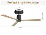 52 Inch Modern Flush Mount Ceiling Fan with led light and Remote Control, 3 ABS Blades Noiseless W934P208511