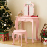 Kids Vanity Table and Chair Set, 2-in-1 Girls Vanity with Tri-Folding Mirror & 3-Color LED Lights, 1 83208764