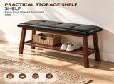 Dining Bench with Storage Shelf, Pine Wood Frame, Button Tufted Black PU Leather Seat, Walnut 01032856