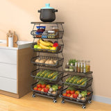 6-Tier Fruit Basket Rack, Stackable Wire Basket Cart with Solid Wood Top, Kitchen Vegetable 90617282