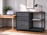 Wood Filing Cabinet with Casters, Black Fluted, Iron Clad Wood, Melamine Faced, 3 Tall Drawers with 47040911