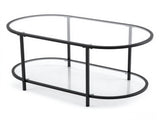 Oval Glass Coffee Table with 2-Tier Storage Shelves, Black Metal Frame, Clear Glass Top, 07323954