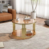 Modern Brown Glass Coffee Table, Asymmetrical Metal, Circular Metal Drum Base, Gold Finish & Lower N735P177478D
