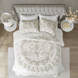 3 Piece Tufted Cotton Chenille Coverlet Set Ivory/Taupe Full/Queen B03597575