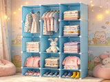 3-Cube Blue Modular Kids Closet, PP & Metal Storage Organizer with Hanging Rods, Tool-Free Assembly 40016339