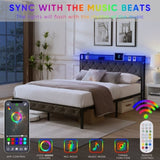 Queen Bed Frame Storage Headboard, Charging Station and LED Lights, Upholstered Platform Bed W1916124804