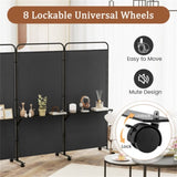 3-Panel Folding Divider with Lockable Wheels and 3 Metal Shelves Black 83574560