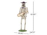 Halloween Skeleton Guitar Yard Decoration, 61.8 Inch Metal Skeleton Statue with Purple Hat and Bow N769P511208G