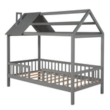 Twin Size Wood House Bed with Fence, Gray WF289640AAE