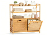 Natural Bamboo Tilt Out Laundry Hamper Cabinet with 2 Removable 7 Gallon Fabric Baskets, Open 28577126