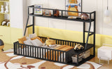 Twin Size Floor Bed Frame with Safety Fence, Metal Floor Bed with Desk and Storage Shelves, W1580P240068