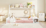 Full Size Floor Bed Frame with Safety Fence, Metal Floor Bed with Desk and Storage Shelves, W1580P240069