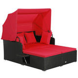 Red Rattan Daybed Lounge W/ Retractable Top Canopy Side Tables Cushions 56967008