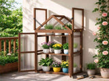 Wooden Cold Frame Mini Greenhouse with 2 Adjustable Shelves, Transparent PVC Cover, Lockable Double 33787542