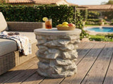 Grey Round Faux Stacked Stone MGO Side Table, Pre-Assembled Non-KD Accent End Table, 80 LBS Weight N770P473008G