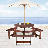 ZNTS Outdoor 6 Person Picnic Table, 6 person Round Picnic Table with 3 Built-in Benches, Umbrella Hole, W2275P149763