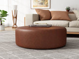 Upholstered Round Ottoman,PU Leather,Brown N757P181733R