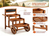 3-Tier Wooden Plant Display Stand, Carbonized Fir Wood Flower Cart with Chalkboard & Rolling Wheels, 65513384
