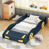 Twin Size Race Car-Shaped Platform Bed with Wheels and Storage, Dark BlueYellow WF305759AAC