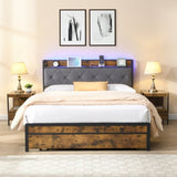 Queen Bed Frame with Storage, Bed Frame with LED Lights Upholstered Headboard and 2 Drawers, USB & W311P284694