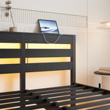 Full Size Metal Bed Frame with Wooden Headboard, RGB Lights, Outlets & Charger, Storage Shelf, W840P209906