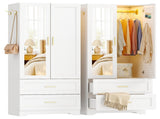 White Wardrobe Closet with Mirror Door, 2 Doors & 2 Drawers Storage Cabinet with LED Sensor Light, 36362195
