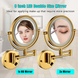 ZNTS 8 Inch LED Wall Mount Two-Sided Magnifying Makeup Vanity Mirror 12 Inch Extension Gold Finish 1X/3X 9301GD