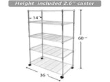 5-Shelf Shelving Shelves Unit with Wheels Steel Organizer,36"Wx14"Dx60"H,Silver 70926562