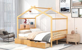 Full Size House Platform Bed with Two Drawers,Headboard and Footboard,Roof Design,Natural WF292923AAD