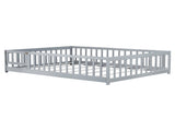 Full Size Floor Bed with Fence and Door,Rubber Wood Floor Bed with Safety Guardrails,Grey W504P296784