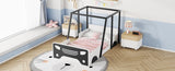 ZNTS Twin Size Car-shaped Bed with Roof,Wooden Twin Floor Bed with wheels and door Design,Montessori 07290986