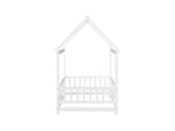 Twin Size House Floor Wooden Bed with Roof Frame,Safety Guardrails,White W504P286403