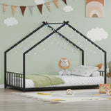 Twin size children's bed frame with LED light strips, roof-shaped iron frame bed, black,78.5" L x W1820P308329