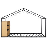 Twin Size Metal Bed House Bed Frame with Shelves and Lights, Black N737P176708B