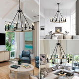 Rustic Farmhouse 10-Light Candle Chandelier, Black Metal and Wood Round Hanging Light Fixture for W1340P221222